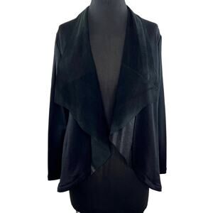 HEATHER Black Leather & Ponte Fabric Draped Open Front Asymmetric Jacket Small S
